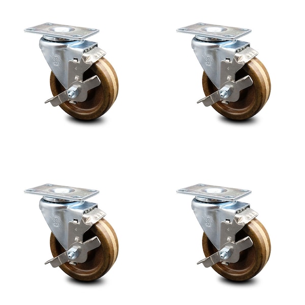 4 Inch High Temp Phenolic Wheel Swivel Top Plate Caster Set with Brake SCC